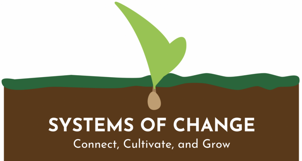 Systems of Change logo. Seed bomb emerging from the dirt, enjoyable education